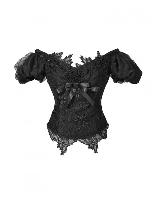 Love Magic Box Series Edwardian Antique Black Lace Beaded Embroidery Bowknot One Shoulder Bubble Mesh Short Sleeve Halloween Gothic Top