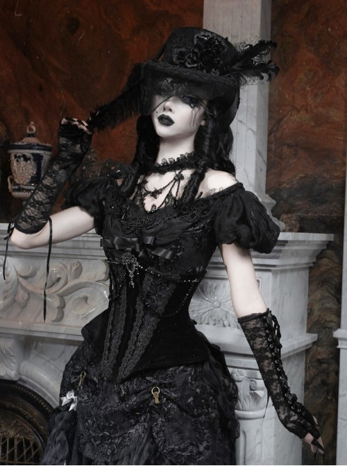 Love Magic Box Series Edwardian Antique Black Lace Beaded Embroidery Bowknot One Shoulder Bubble Mesh Short Sleeve Halloween Gothic Top