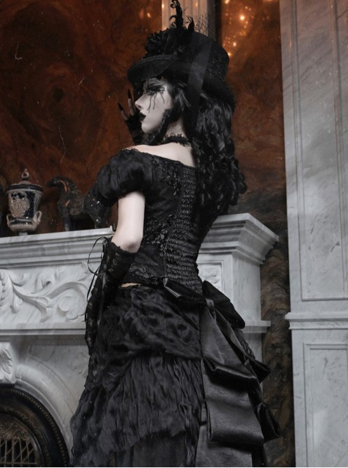 Love Magic Box Series Edwardian Antique Black Lace Beaded Embroidery Bowknot One Shoulder Bubble Mesh Short Sleeve Halloween Gothic Top