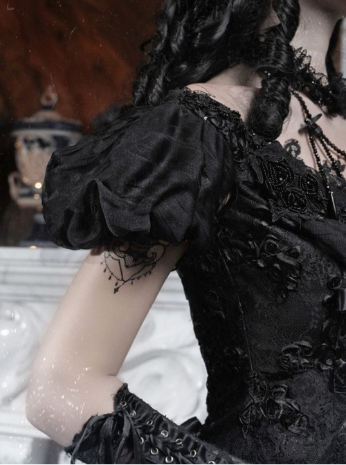 Love Magic Box Series Edwardian Antique Black Lace Beaded Embroidery Bowknot One Shoulder Bubble Mesh Short Sleeve Halloween Gothic Top