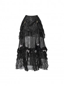 Love Magic Box Series Black Retro Romantic Basil French Style Flower Embroidery Lace Hollow Halloween Gothic Long Skirt