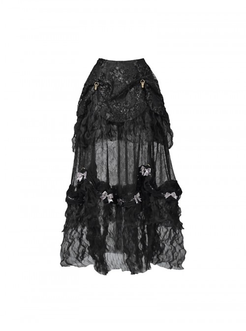 Love Magic Box Series Black Retro Romantic Basil French Style Flower Embroidery Lace Hollow Halloween Gothic Long Skirt