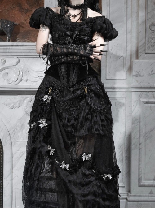 Love Magic Box Series Black Retro Romantic Basil French Style Flower Embroidery Lace Hollow Halloween Gothic Long Skirt