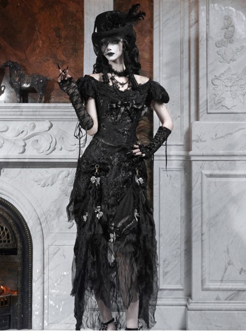 Love Magic Box Series Black Retro Romantic Basil French Style Flower Embroidery Lace Hollow Halloween Gothic Long Skirt