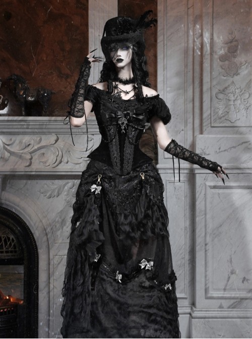 Love Magic Box Series Black Retro Romantic Basil French Style Flower Embroidery Lace Hollow Halloween Gothic Long Skirt