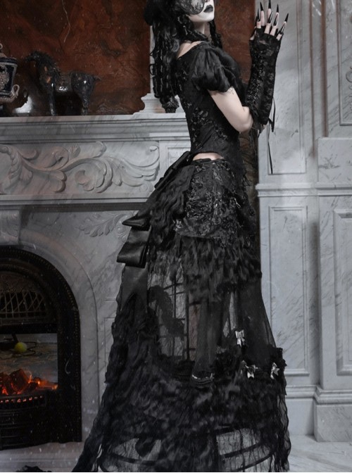 Love Magic Box Series Black Retro Romantic Basil French Style Flower Embroidery Lace Hollow Halloween Gothic Long Skirt