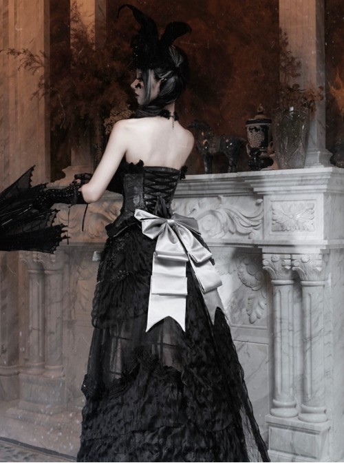 Love Magic Box Series Retro French Black Mesh Lace Oversized Velvet Bowknot Gothic Detachable Long Tail