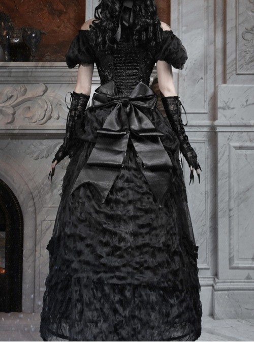Love Magic Box Series Retro French Black Mesh Lace Oversized Velvet Bowknot Gothic Detachable Long Tail
