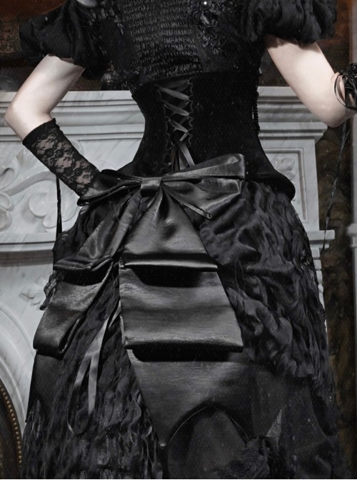 Love Magic Box Series Retro French Black Mesh Lace Oversized Velvet Bowknot Gothic Detachable Long Tail
