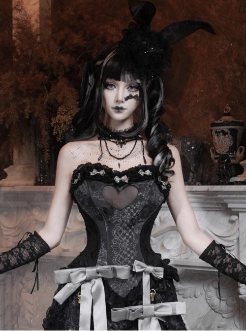 Love Magic Box Series Black Retro Heart Shape Mesh Lace Satin Bowknot Decoration Slim Halloween Gothic Fishbones Corset