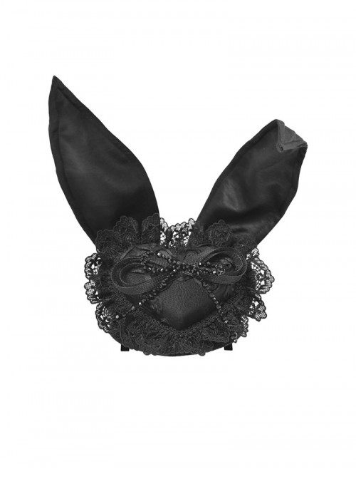 Love Magic Box Series Dark Black Beaded Chain Vintage Delicate Lace Sweet Bunny Ear Gothic Hat