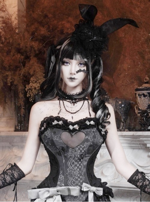 Love Magic Box Series Dark Black Beaded Chain Vintage Delicate Lace Sweet Bunny Ear Gothic Hat