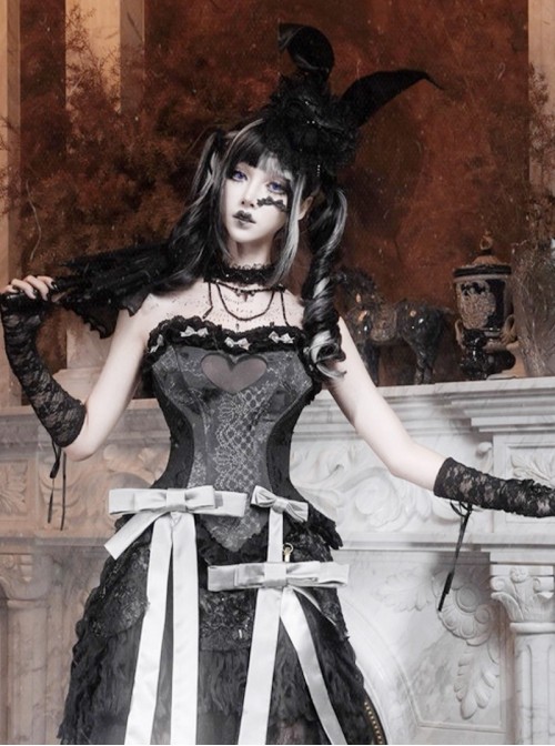 Love Magic Box Series Dark Black Beaded Chain Vintage Delicate Lace Sweet Bunny Ear Gothic Hat