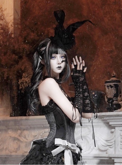 Love Magic Box Series Dark Black Beaded Chain Vintage Delicate Lace Sweet Bunny Ear Gothic Hat