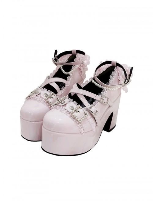 Icelandic Teardrop Series Pearl Rhinestone Decorated Bowknot Lace Trim Chunky Heel Platform Sweet Lolita High Heel Leather Shoes