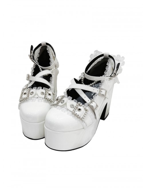 Icelandic Teardrop Series Pearl Rhinestone Decorated Bowknot Lace Trim Chunky Heel Platform Sweet Lolita High Heel Leather Shoes