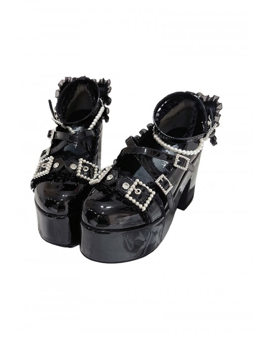 Icelandic Teardrop Series Pearl Rhinestone Decorated Bowknot Lace Trim Chunky Heel Platform Sweet Lolita High Heel Leather Shoes
