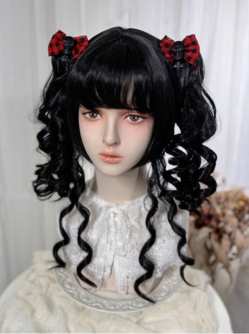 Versatile Nature Cute Black Roman Roll Tiger Mouth Clip Double Ponytail Rolled Sideburns Flat Bangs Sweet Lolita Wig