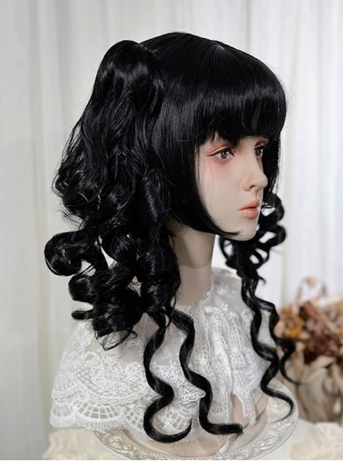 Versatile Nature Cute Black Roman Roll Tiger Mouth Clip Double Ponytail Rolled Sideburns Flat Bangs Sweet Lolita Wig