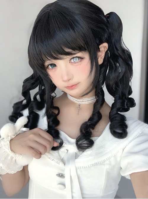 Versatile Nature Cute Black Roman Roll Tiger Mouth Clip Double Ponytail Rolled Sideburns Flat Bangs Sweet Lolita Wig
