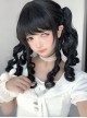 Versatile Nature Cute Black Roman Roll Tiger Mouth Clip Double Ponytail Rolled Sideburns Flat Bangs Sweet Lolita Wig