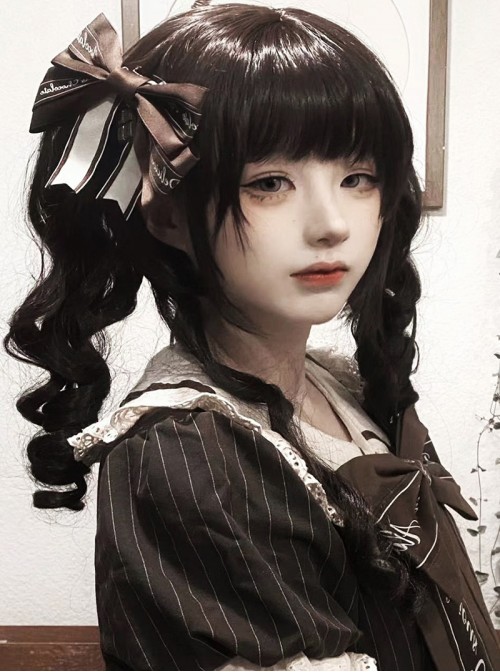 Versatile Nature Cute Black Roman Roll Tiger Mouth Clip Double Ponytail Rolled Sideburns Flat Bangs Sweet Lolita Wig