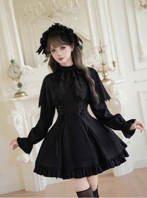 The Dreamless Series Elegant Black Lace Stand Up Collar Faux Two Piece Shawl Design Playful Ruffle Hem Gothic Lolita Style Long Sleeve Short Dress