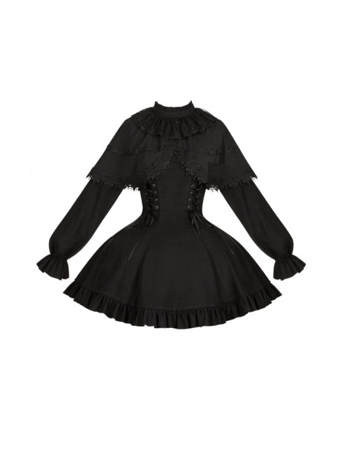 The Dreamless Series Elegant Black Lace Stand Up Collar Faux Two Piece Shawl Design Playful Ruffle Hem Gothic Lolita Style Long Sleeve Short Dress