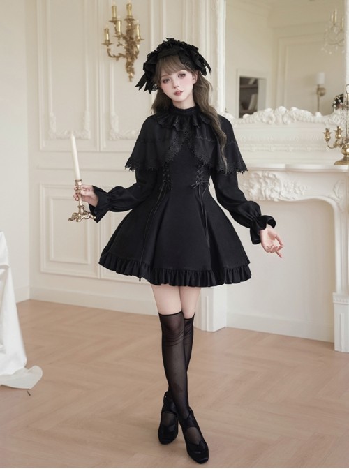 The Dreamless Series Elegant Black Lace Stand Up Collar Faux Two Piece Shawl Design Playful Ruffle Hem Gothic Lolita Style Long Sleeve Short Dress