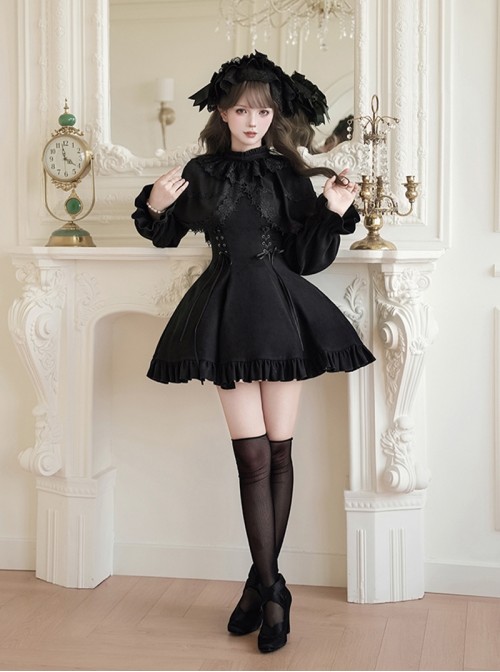 The Dreamless Series Elegant Black Lace Stand Up Collar Faux Two Piece Shawl Design Playful Ruffle Hem Gothic Lolita Style Long Sleeve Short Dress