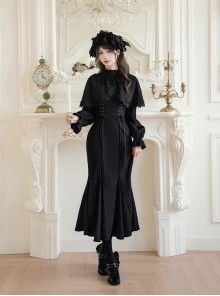The Dreamless Series Black Elegant Retro Lace Stand Collar Faux Two Piece Shawl Design Fishtail Ruffle Trim Gothic Lolita Long Sleeve Dress
