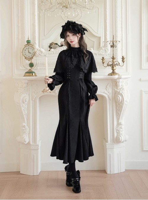 The Dreamless Series Black Elegant Retro Lace Stand Collar Faux Two Piece Shawl Design Fishtail Ruffle Trim Gothic Lolita Long Sleeve Dress