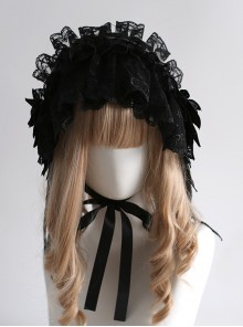 Handmade Dark Retro Lace Heart Embroidery Three-Dimensional Feather Decorative Ribbon Gothic Lolita Headband