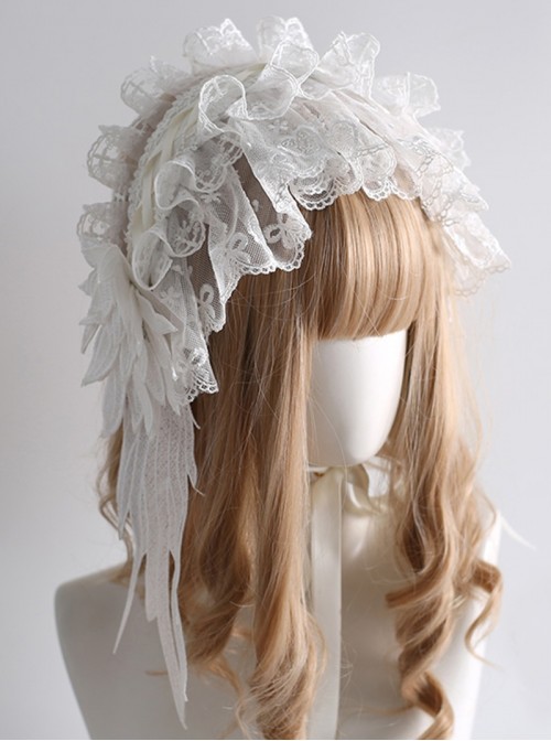 Handmade Dark Retro Lace Heart Embroidery Three-Dimensional Feather Decorative Ribbon Gothic Lolita Headband