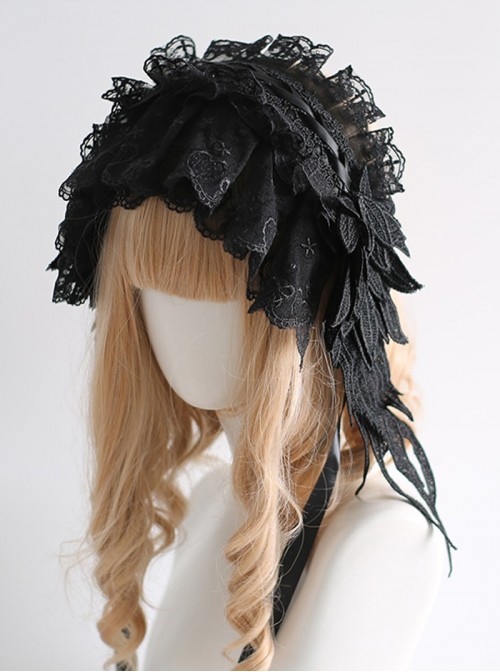 Handmade Dark Retro Lace Heart Embroidery Three-Dimensional Feather Decorative Ribbon Gothic Lolita Headband