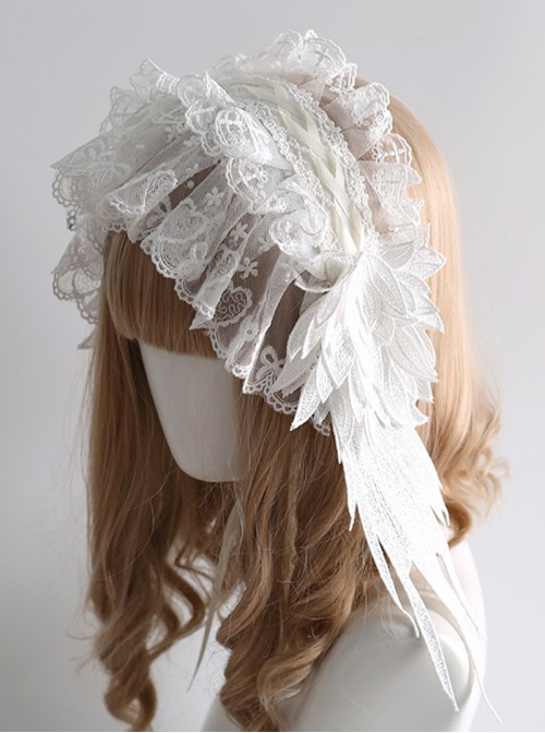 Handmade Dark Retro Lace Heart Embroidery Three-Dimensional Feather Decorative Ribbon Gothic Lolita Headband