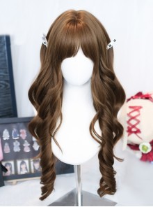Japanese Style Warm Brown Vintage Daily Natural Blunt Bangs Sweet Lolita Long Curly Wig
