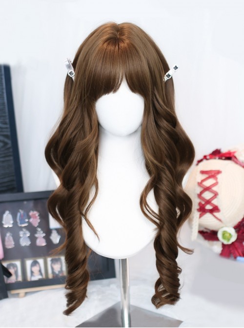 Japanese Style Warm Brown Vintage Daily Natural Blunt Bangs Sweet Lolita Long Curly Wig