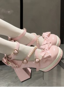 Cute Heart Shape Metal Buckle Pearl Chain Bowknot Round Sole Chunky Heel Platform Sweet Lolita High Heel Leather Shoes