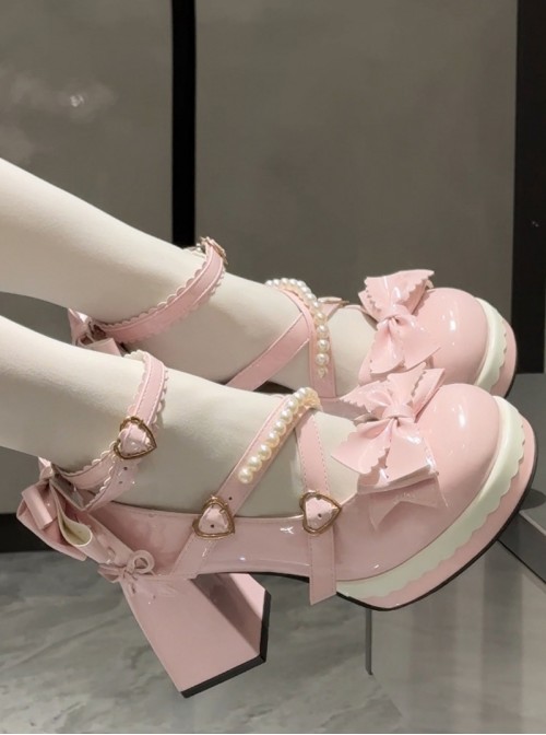 Cute Heart Shape Metal Buckle Pearl Chain Bowknot Round Sole Chunky Heel Platform Sweet Lolita High Heel Leather Shoes