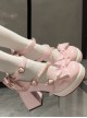 Cute Heart Shape Metal Buckle Pearl Chain Bowknot Round Sole Chunky Heel Platform Sweet Lolita High Heel Leather Shoes