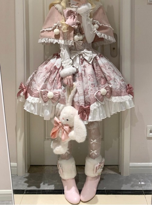 Dessert Cat Series Cute Pink White Strawberry Cat Print Bowknot Lace Pompom Decorations Sweet Lolita Cape Sleeveless Dress