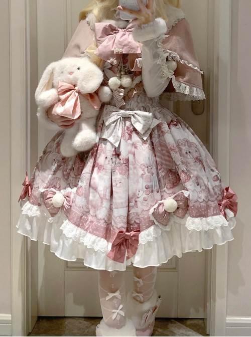 Dessert Cat Series Cute Pink White Strawberry Cat Print Bowknot Lace Pompom Decorations Sweet Lolita Cape Sleeveless Dress