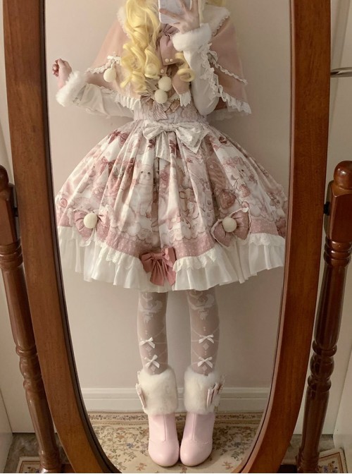 Dessert Cat Series Cute Pink White Strawberry Cat Print Bowknot Lace Pompom Decorations Sweet Lolita Cape Sleeveless Dress
