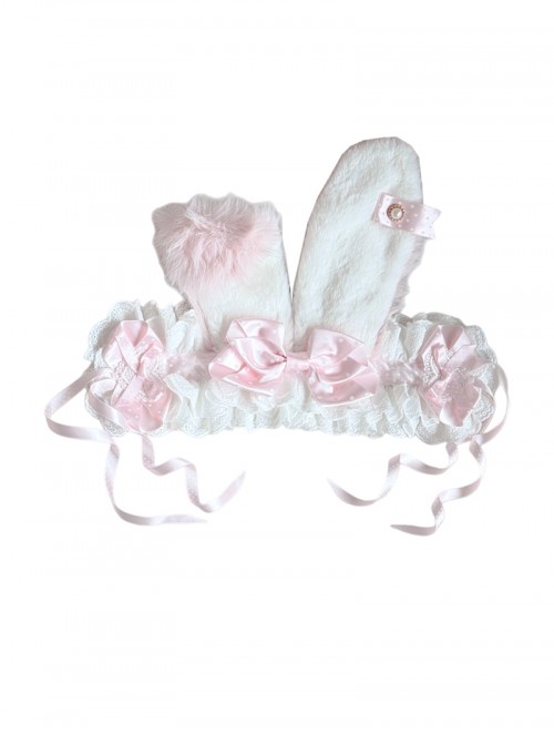 Cute Pink Plush Bunny Ears Pearl Diamond Polka Dot Bowknot Decoration Lace Ribbon Sweet Lolita Headband