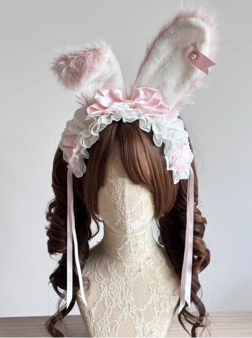 Cute Pink Plush Bunny Ears Pearl Diamond Polka Dot Bowknot Decoration Lace Ribbon Sweet Lolita Headband