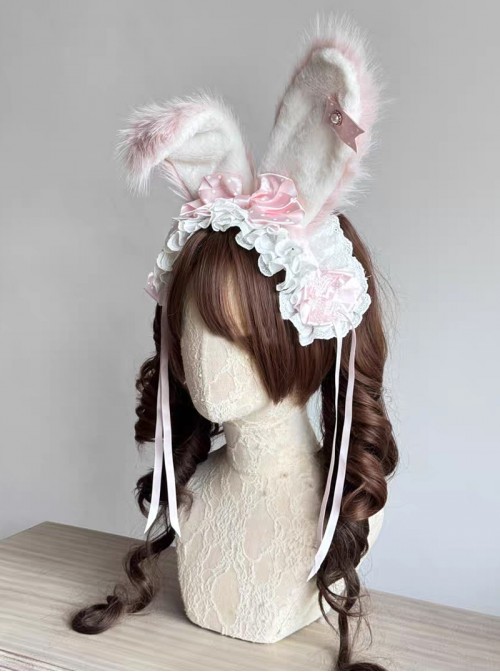 Cute Pink Plush Bunny Ears Pearl Diamond Polka Dot Bowknot Decoration Lace Ribbon Sweet Lolita Headband