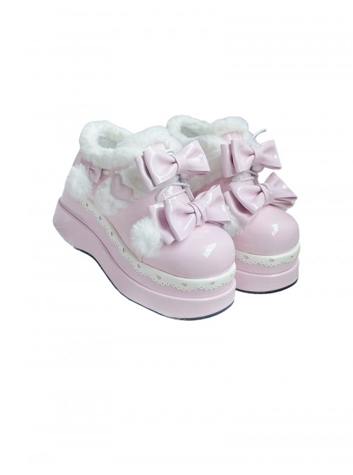 Snowflake Cake Series Versatile Round Toe Cute Bowknot Cake Heart Lace Pom Pom Fleece Sweet Lolita Thick Sole Cotton Shoes
