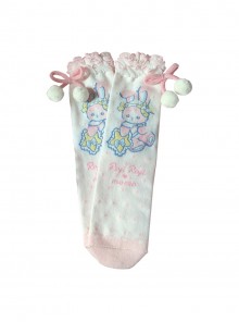 Momo Fairy Collaboration Cute Bunny Bowknot Bayberry Pom Pom Lace Trim Sweet Lolita Mid-Calf Socks