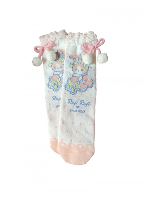 Momo Fairy Collaboration Cute Bunny Bowknot Bayberry Pom Pom Lace Trim Sweet Lolita Mid-Calf Socks